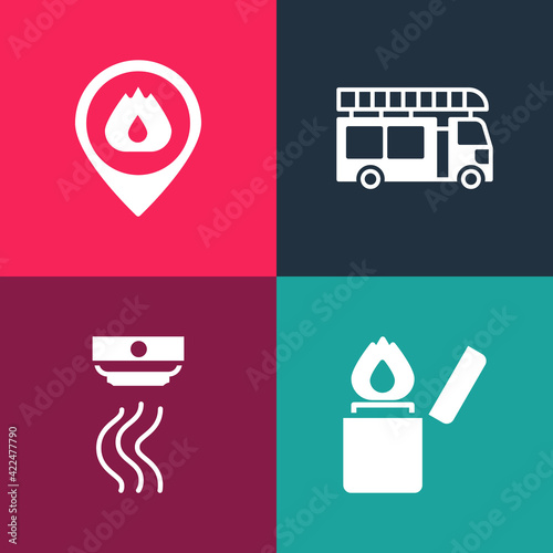 Set pop art Lighter, Smoke alarm system, Fire truck and Location with fire flame icon. Vector