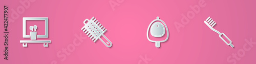 Set paper cut Washbasin mirror, Hairbrush, Toilet urinal pissoir and Toothbrush icon. Paper art style. Vector