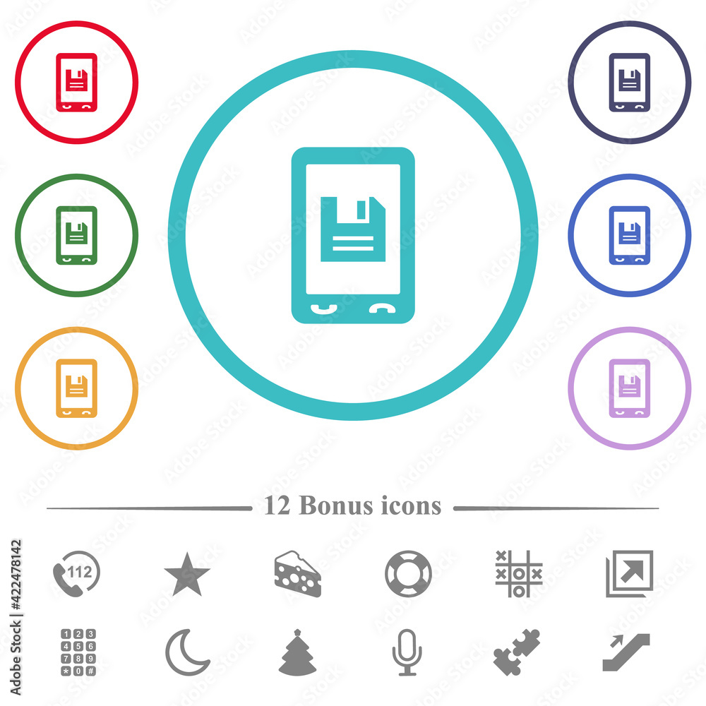 Mobile save data flat color icons in circle shape outlines Mobile save data flat color icons in circle shape outlines