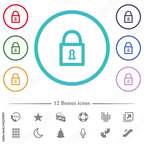 Locked padlock with keyhole flat color icons in circle shape outlines