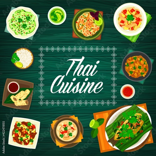 Thai food and Thailand cuisines menu cover, Asian restaurant dishes, vector. Traditional Thai food, spicy curry chicken, coconut soup Tom Kha, fish with chili basil sauce, pad thai and coconut rice