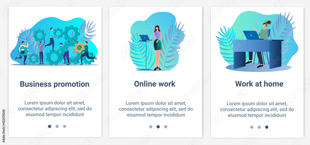 Modern flat illustrations in the form of a slider for web design. A set of UI and UX interfaces for the user interface.The topic of Business promotion and online work.