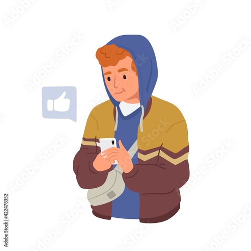 Happy young man using smartphone app, social media and surfing internet. Modern teenager holding mobile phone. Colored flat vector illustration of person with cellphone isolated on white background