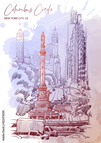 Urban view of Columbus Circus and West 59th street in New York. Hand drawn sketch on grunge textured spot background. EPS10 vector illustration.