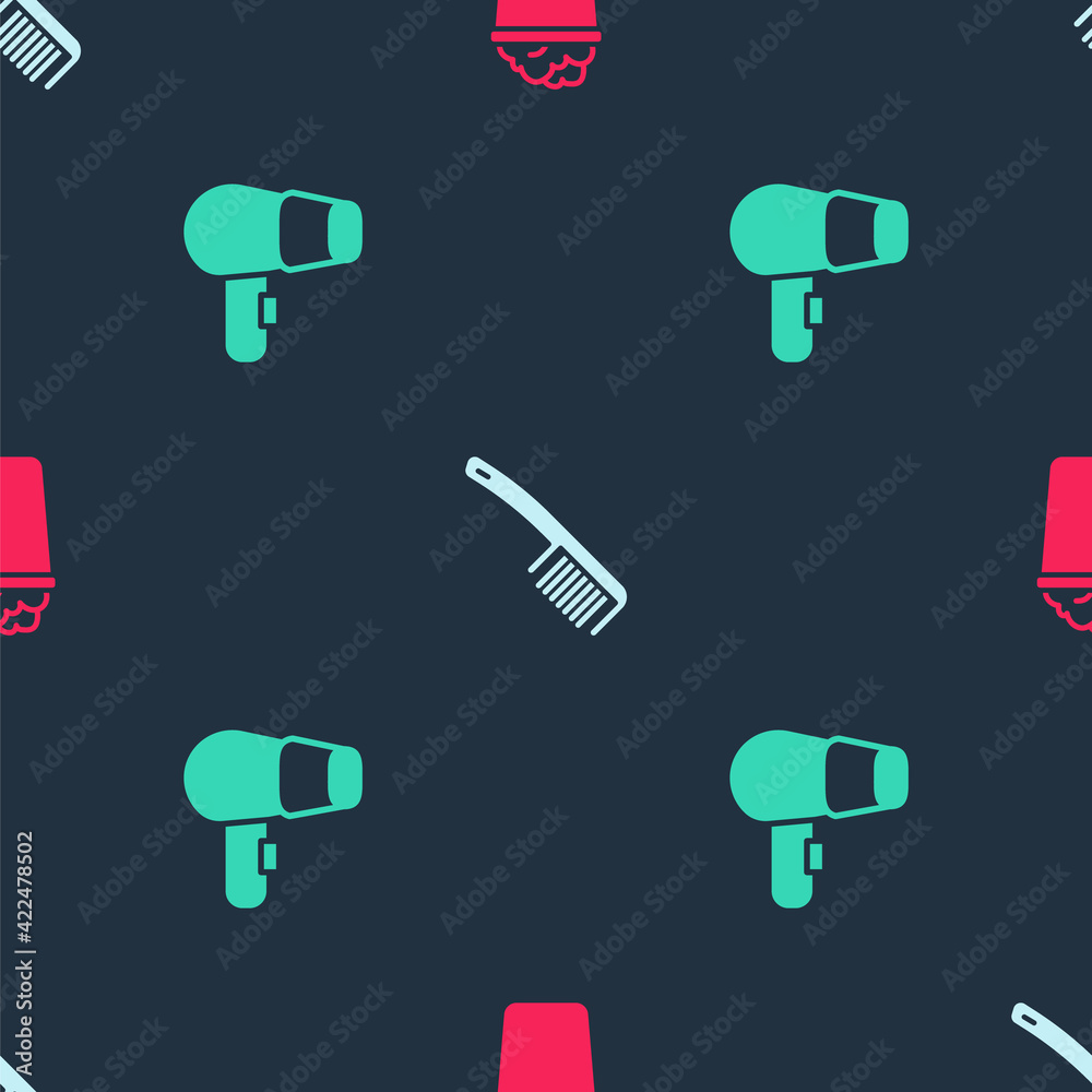 Set Bucket with soap suds, Hairbrush and dryer on seamless pattern. Vector Set Bucket with soap suds, Hairbrush and dryer on seamless pattern. Vector