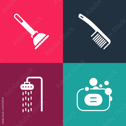 Set pop art Bar of soap, Shower, Hairbrush and Rubber plunger icon. Vector