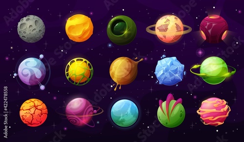 Fantastic planets in space vector icons, cartoon galaxy ui game asteroids. Cosmic world, alien design elements. Galaxy objects, planets with rings, frozen ice, craters and glowing lava surface set