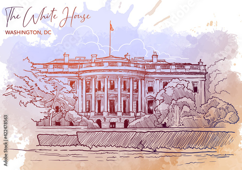 Front view of the White House and the lawn. Cityscape, urban hand drawing. Painted Sketch. Watercolor feel. Editable EPS10 vector illustration.