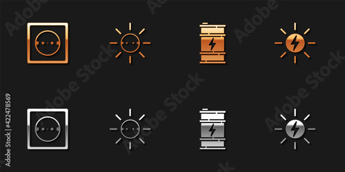 Set Electrical outlet, Solar energy panel, Bio fuel barrel and icon. Vector