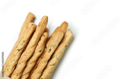 Tasty grissini breadsticks isolated on white background