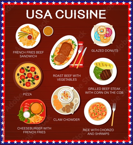 USA cuisine food menu, American dishes and meals traditional restaurant lunch and dinner, vector poster. US American food menu of sandwich with french fries, roast beef meat, pizza and donuts dessert
