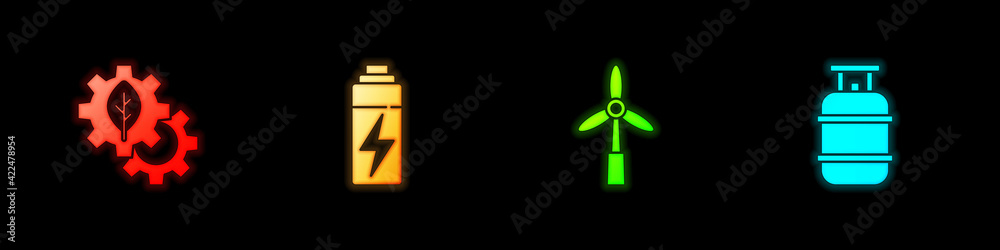 Set Leaf plant in gear machine, Battery, Wind turbine and Propane gas tank icon. Vector Set Leaf plant in gear machine, Battery, Wind turbine and Propane gas tank icon. Vector