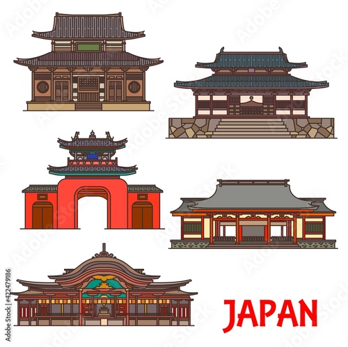 Japan, temples and shrines architecture, Japanese Buddhist landmarks, vector buildings. Dazaifu Temmangu temple in Fukuoka, Sofuku-ji temple gates in Nagasaki and Sumiyoshi taisha shrine in Osaka