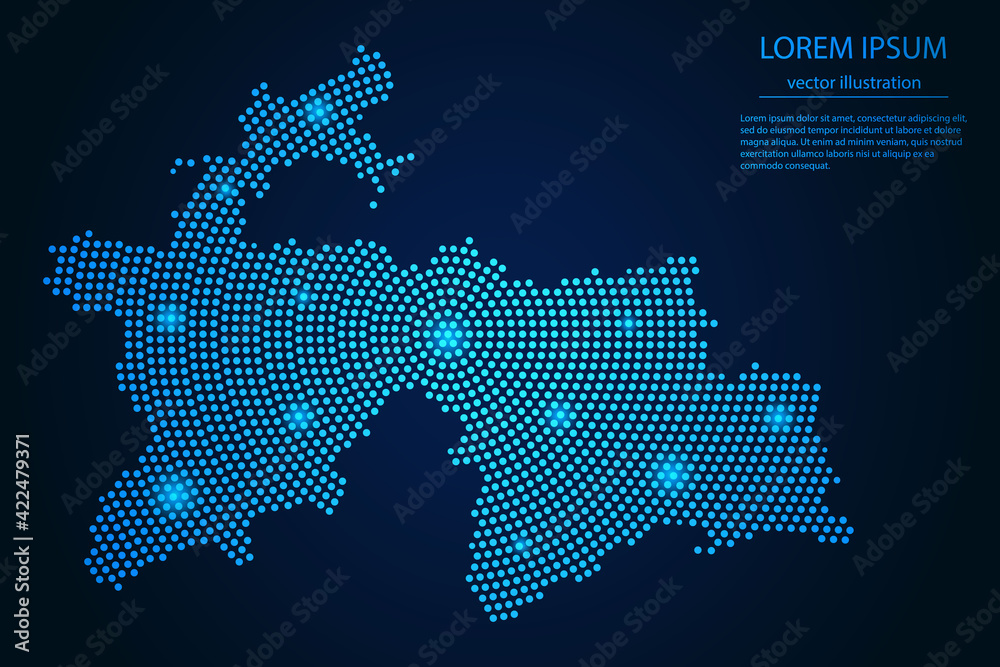 Abstract image Tajikistan map from point blue and glowing stars on a dark background. vector illustration.