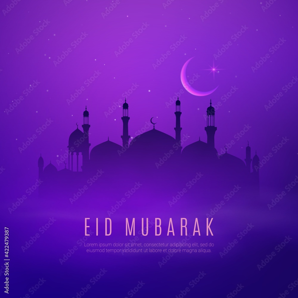 Eid Mubarak holiday, Arabian city and Islam religion mosque vector design of Ramadan Kareem. Arab muslim masjid buildings with minaret towers and crescents on night sky background with moon and stars Eid Mubarak holiday, Arabian city and Islam religion mosque vector design of Ramadan Kareem. Arab muslim masjid buildings with minaret towers and crescents on night sky background with moon and stars