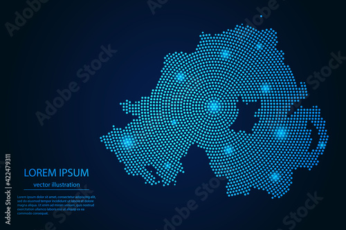 Abstract image Northern Ireland map from point blue and glowing stars on a dark background. vector illustration.