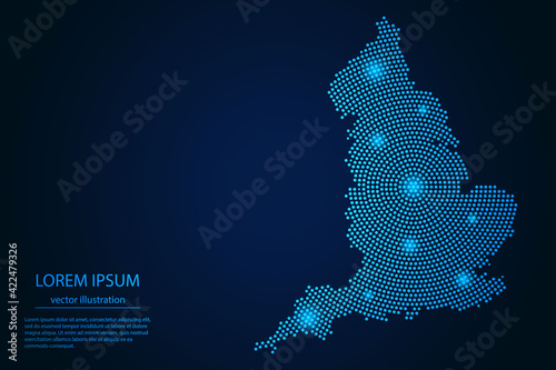 Abstract image England map from point blue and glowing stars on a dark background. vector illustration.