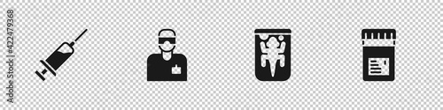 Set Syringe, Laboratory assistant, Experimental animal and Jar with additives icon. Vector