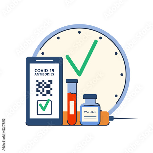 Time of vaccination against covid-19. Virus protection. Testing for antibodies. QR code on a smartphone with a test result. Isolated concept on white background. Vector
