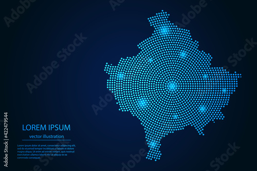 Abstract image Kosovo map from point blue and glowing stars on a dark background. vector illustration. 