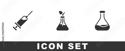 Set Syringe, Plant breeding and Test tube and flask icon. Vector