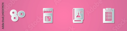 Set paper cut Cell division, Jar with additives, Genetic engineering book and Clinical record icon. Paper art style. Vector