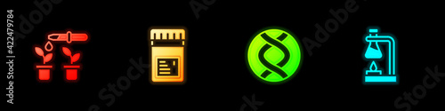 Set Pipette and plant, Jar with additives, DNA symbol and Test tube flask on fire icon. Vector