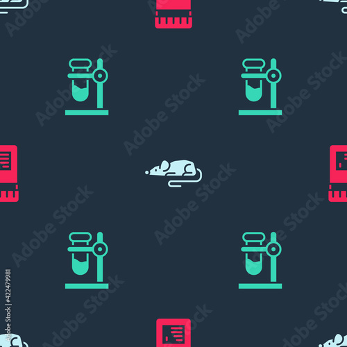 Set Jar with additives, Experimental mouse and Test tube flask on stand on seamless pattern. Vector