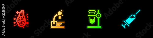 Set Bacteria, Microscope, Test tube flask on stand and Syringe icon. Vector