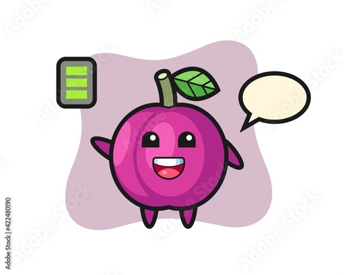 plum fruit mascot character with energetic gesture