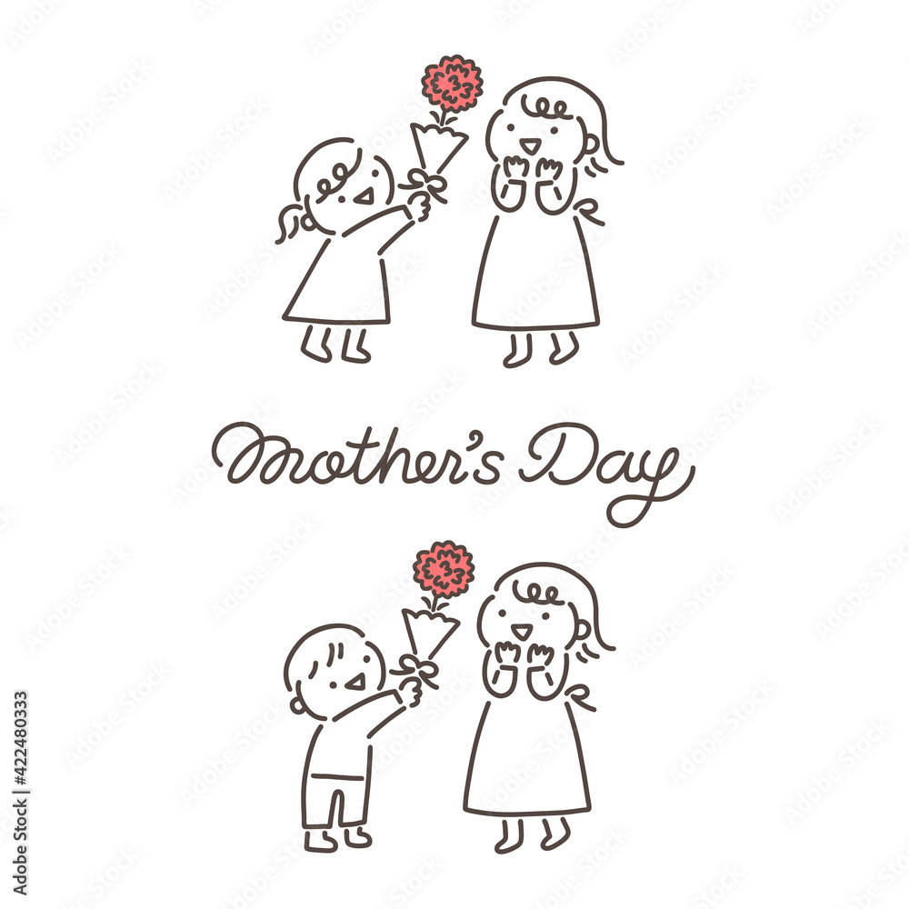 母の日に花をプレゼントする子供のイラスト/Illustration of a child presenting flowers on Mother's Day 母の日に花をプレゼントする子供のイラスト/Illustration of a child presenting flowers on Mother's Day