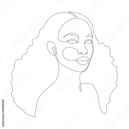 African woman face one line drawing. Abstract women portrait continuous line art for logo, prints, tattoos, posters, textiles, postcards. Vector illustration
