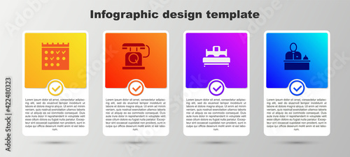 Set Hotel booking calendar, Telephone handset, Bedroom and reception desk. Business infographic template. Vector