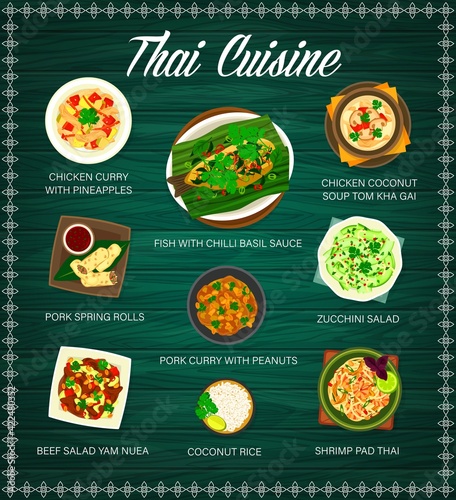 Thai cuisine menu, Thailand food and Asian dishes, vector traditional meals. Thai restaurant menu cover with dinner and lunch dishes on table, chicken curry, coconut soup and pork spring rolls