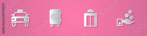 Set paper cut Taxi car, Safe, Lift and Paying tips icon. Paper art style. Vector
