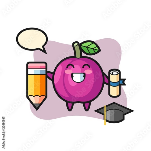 plum fruit illustration cartoon is graduation with a giant pencil
