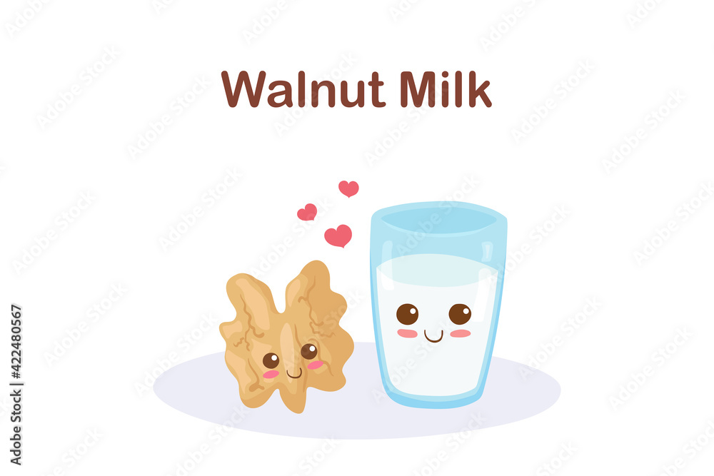 Kawaii Cartoon Walnut and Glass of Milk vector illustration isolated on white background. Cute adorable happy food characters. Healthy vegan ingredient. Nuts milk. Menu elements, fabric print, card. Kawaii Cartoon Walnut and Glass of Milk vector illustration isolated on white background. Cute adorable happy food characters. Healthy vegan ingredient. Nuts milk. Menu elements, fabric print, card.