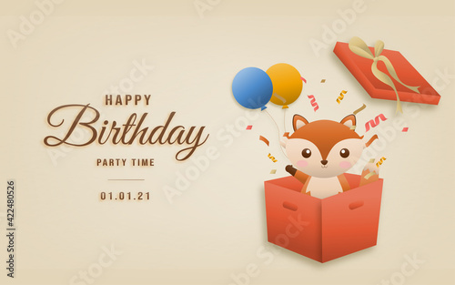 Invitation birthday fox greeting card with a cute animal. Party animals celebrate children's birthday and template invitation paper art style vector illustration.
