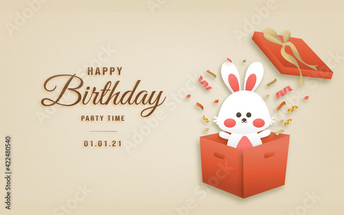 Invitation birthday rabbit greeting card with a cute animal. Party animals celebrate children's birthday and template invitation paper art style vector illustration.