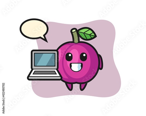 Mascot Illustration of plum fruit with a laptop