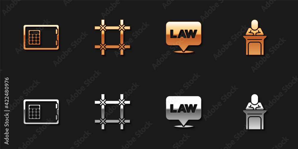 Set Safe, Prison window, Location law and Judge icon. Vector Set Safe, Prison window, Location law and Judge icon. Vector