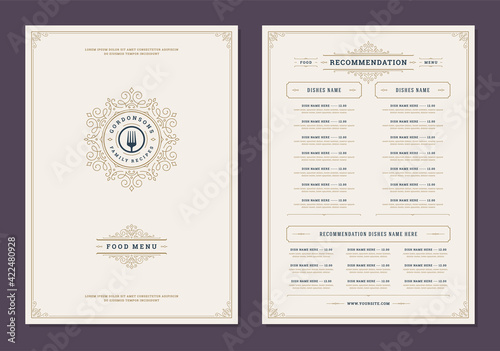 Menu design template with cover and restaurant vintage logo vector brochure.