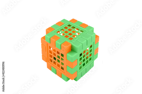 Plastic cube toy isolated on white background. Goods for kids.                  