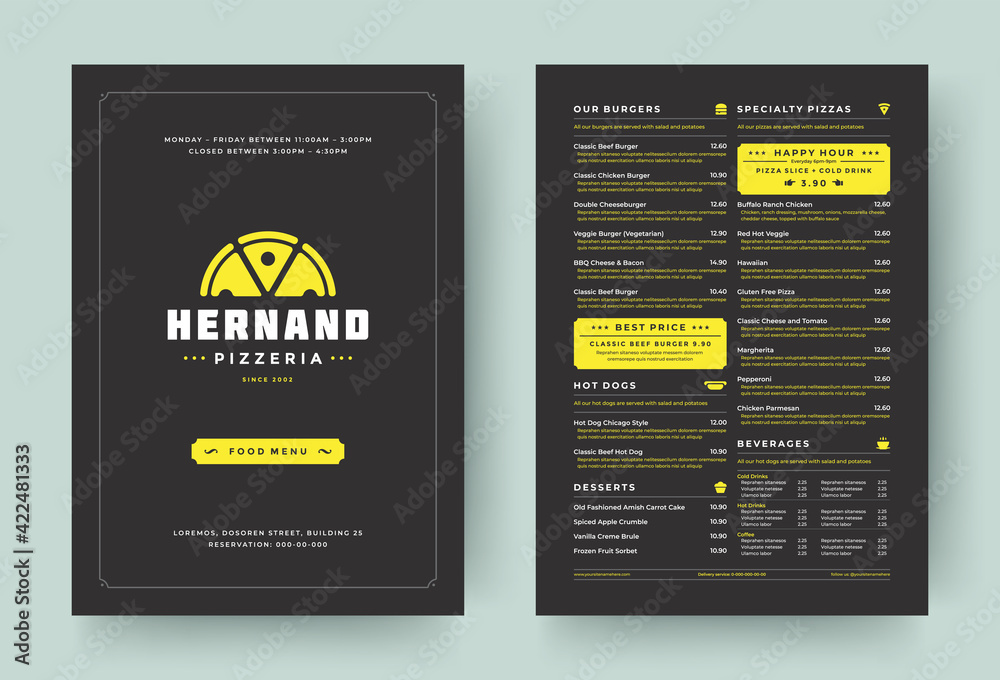Pizza restaurant menu layout design brochure or food flyer template vector illustration Pizza restaurant menu layout design brochure or food flyer template vector illustration