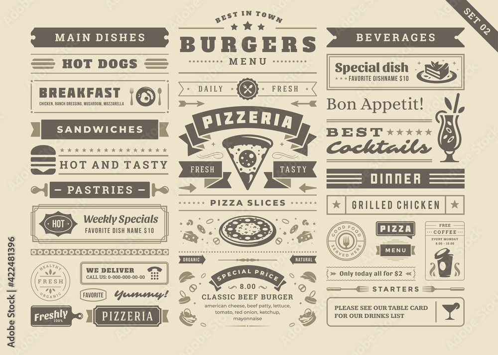 Restaurant menu typographic decoration design elements set vintage and retro style vector illustration