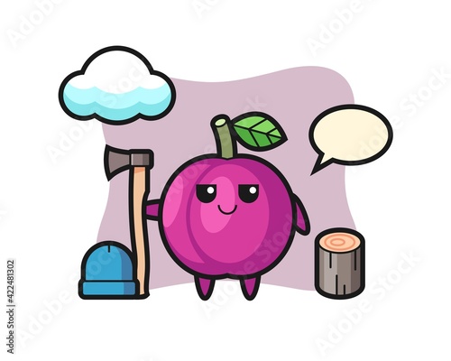 Character cartoon of plum fruit as a woodcutter