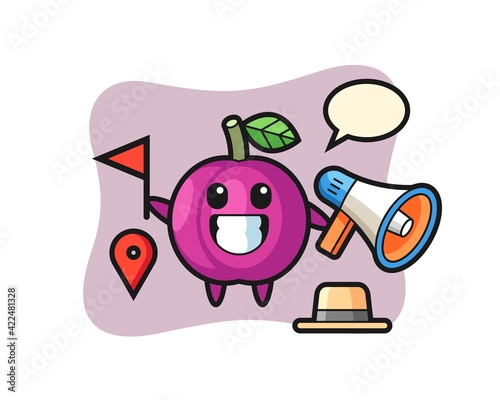 Character cartoon of plum fruit as a tour guide