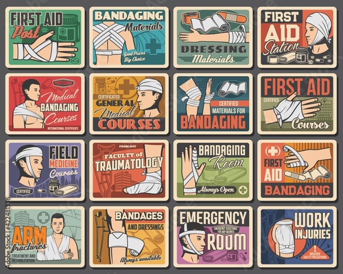 First aid medical retro posters, trauma bandaging and injury emergency ward room, vector. Traumatology first aid and trauma fracture assistance hospital, medical faculty and ambulance training courses