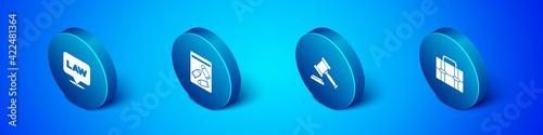 Set Isometric Location law, Judge gavel, Briefcase and Evidence bag and bullet icon. Vector