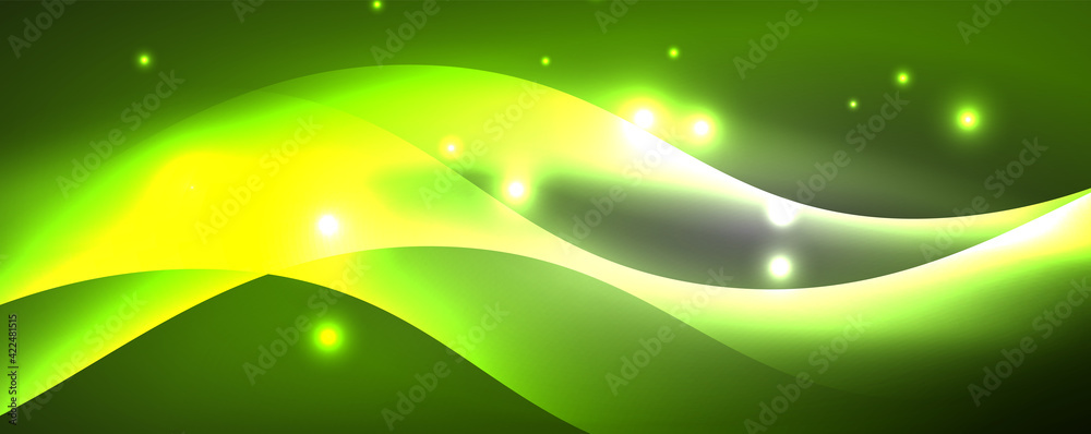 Shiny glowing neon wave, light lines abstract background. Magic energy and motion concept. Vector wallpaper template Shiny glowing neon wave, light lines abstract background. Magic energy and motion concept. Vector wallpaper template